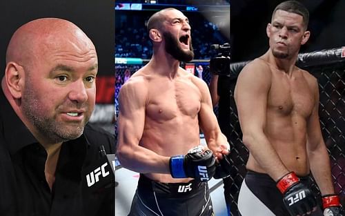 Dana White, Khamzat Chimaev, and Nate Diaz (left to right)