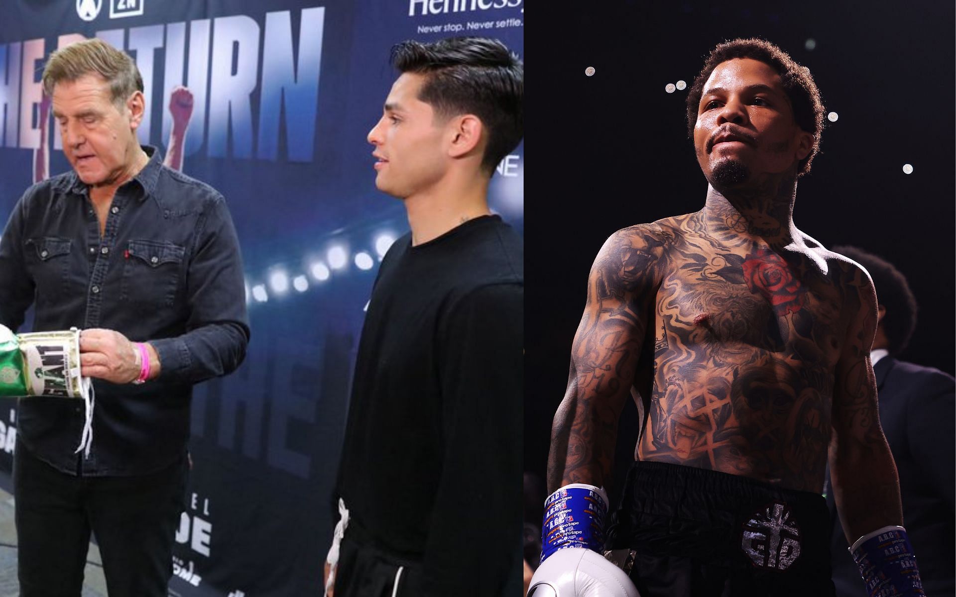 Joe Goossen with Ryan Garcia (left) and Gervonta Davis (right) (Image credits @badlefthook on Twitter and Getty Images)