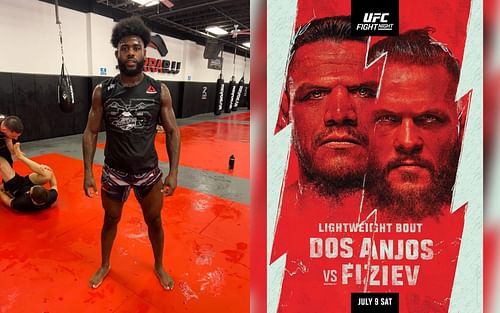 Aljamain Sterling (left), Rafael dos Anjos vs. Rafael Fiziev poster (right) [Images courtesy of @funkmastermma and @ufc on Instagram]