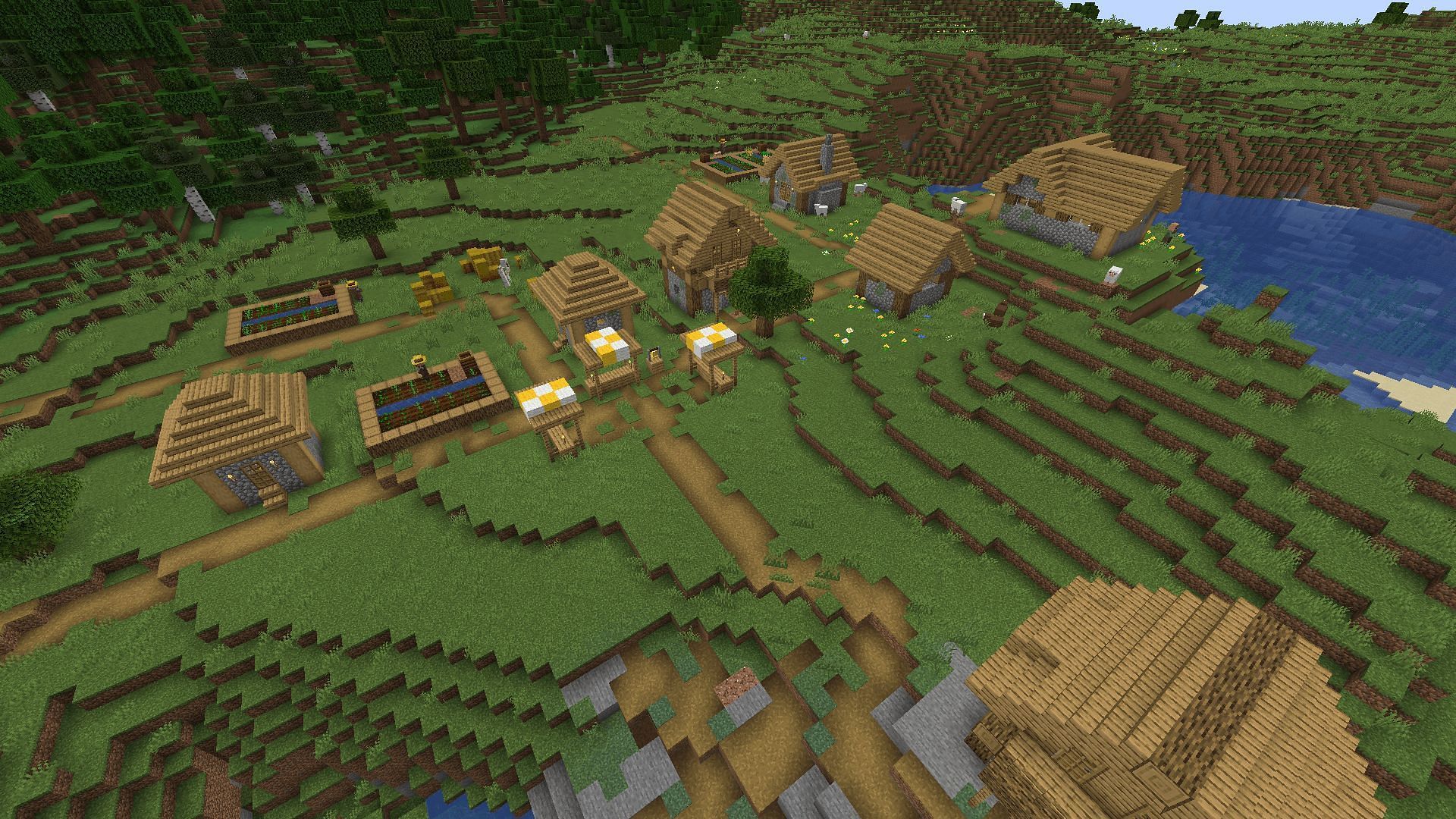 A plains village as seen from above (Image via Minecraft)