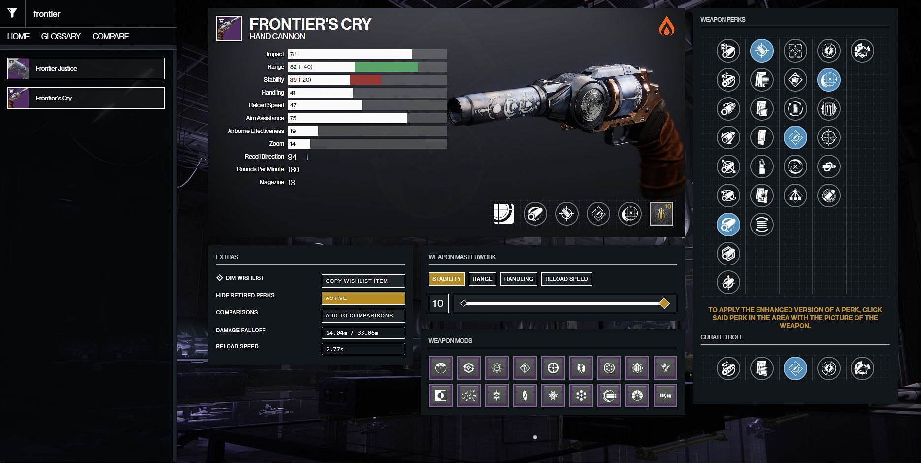 Frontier&#039;s Cry Hand Cannon (Image via Destiny 2 Gunsmith)