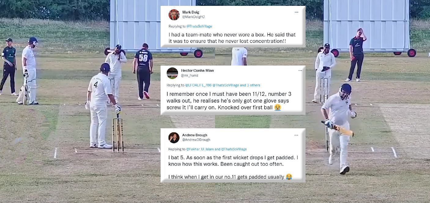 (Left) Umpire has a conversation on the phone during a cricket match; (Right) Batter runs back after forgetting his pads. Pics: @ThatsSoVillage/ Twitter