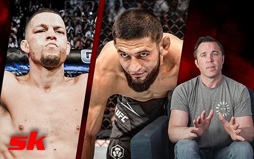 (L-R) Nate Diaz, Khamzat Chimaev, Chael Sonnen [Images via Chael Sonnen on YouTube, @natediaz209 and @khamzat_chimaev on Instagram]