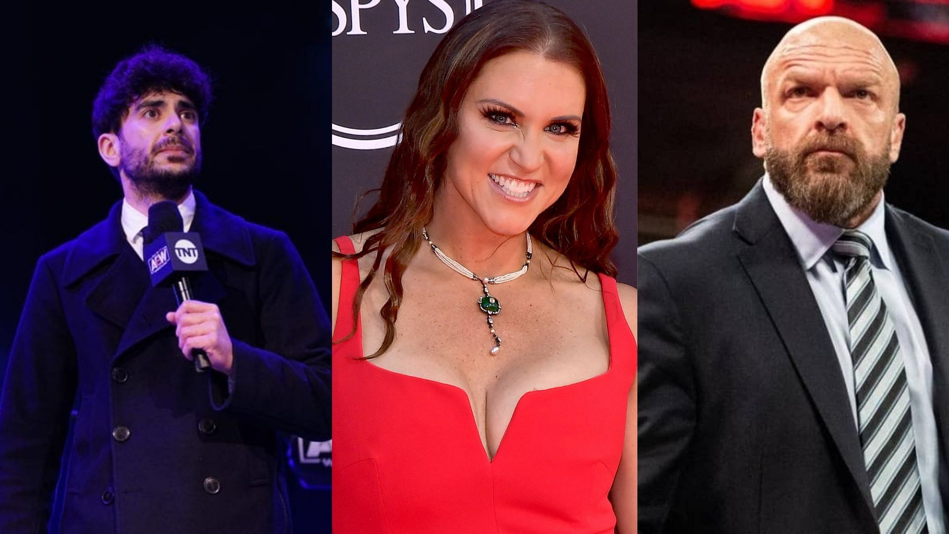 Tony Khan (left); Stephanie McMahon (center); Triple H (right)