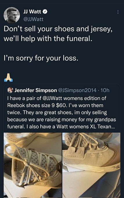 Bleacher Report on X: J.J. Watt offered to help a Texans fan pay for her  grandfather's funeral after she tried selling her J.J. Watt jersey and  shoes Real one 🙏  /