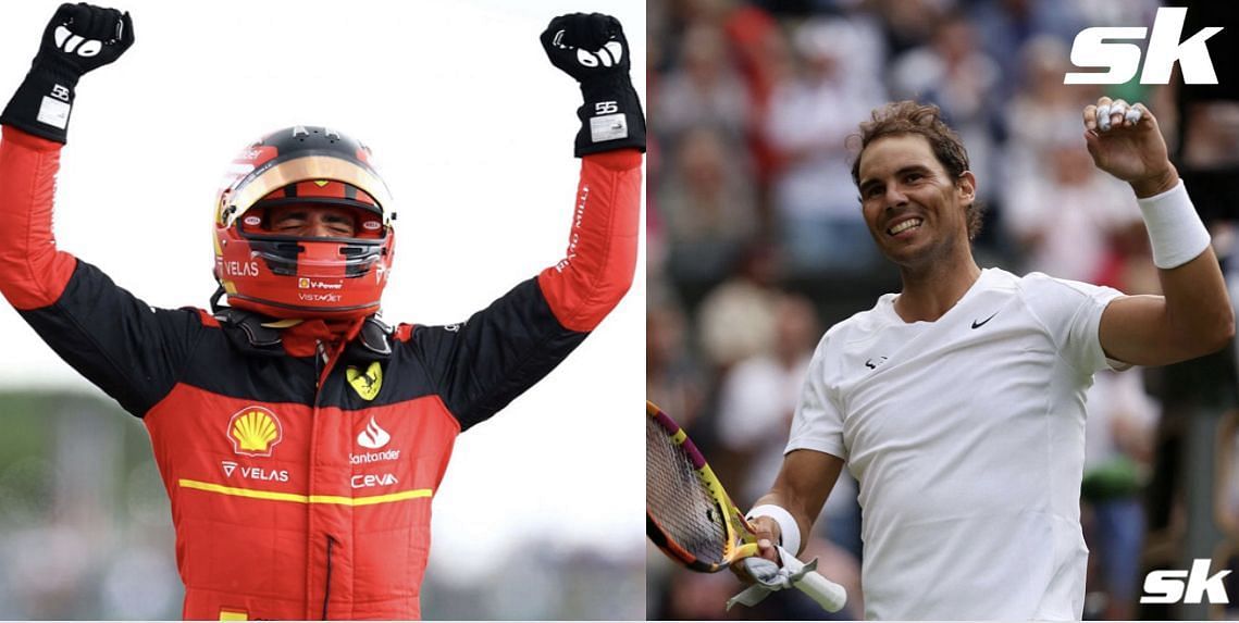 Rafael Nadal (L) congratulated Carlos Sainz on his first F1 Grand Prix win