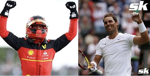 Rafael Nadal (L) congratulated Carlos Sainz on his first F1 Grand Prix win