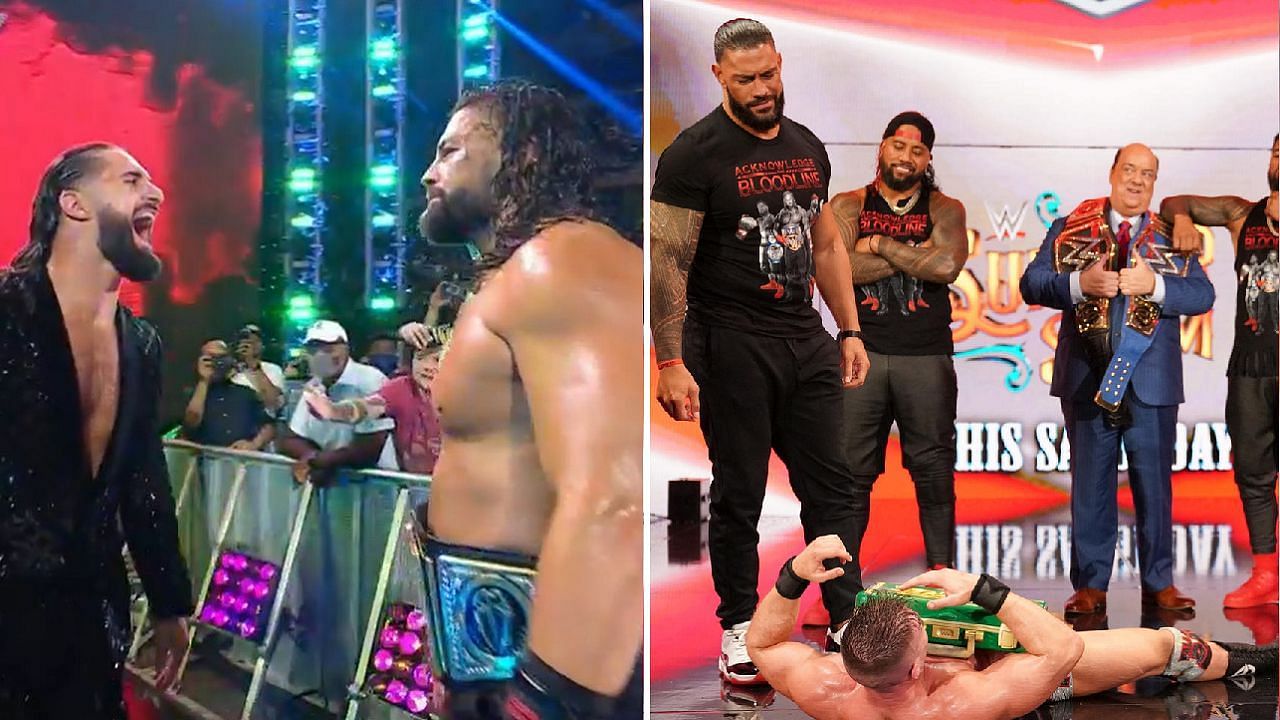 Reigns and Rollins&#039; face-off (left); The Bloodline stands tall over Theory (right)
