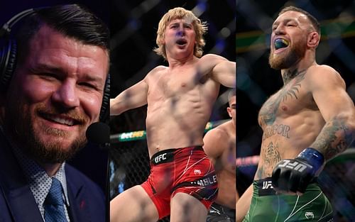 Michael Bisping (left), Paddy Pimblett (centre), Conor McGregor (right)