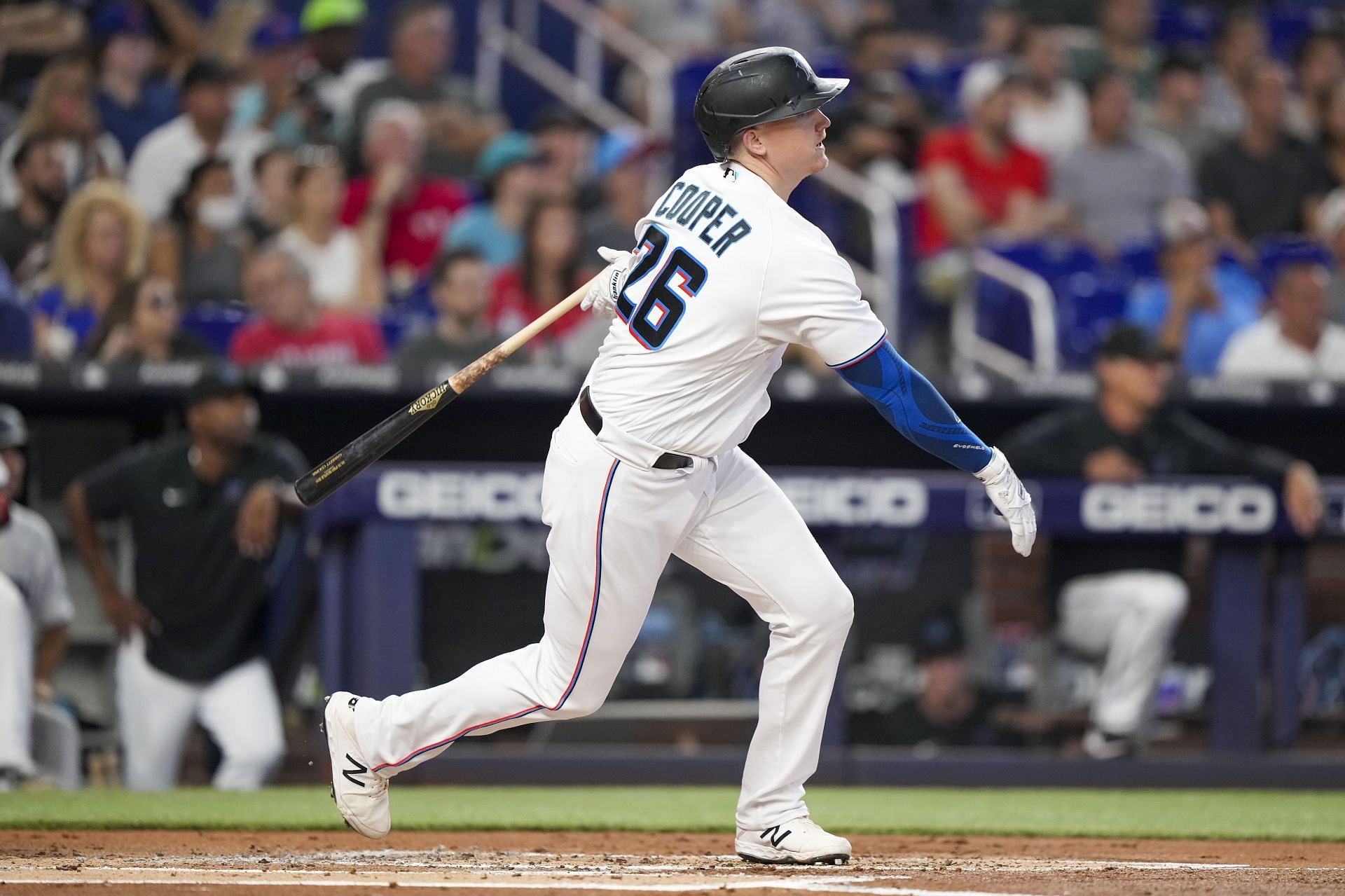 Garrett Cooper bats for the Miami Marlins against the New York Yankees.