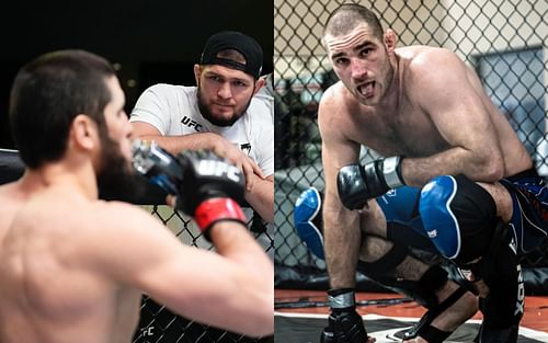 Islam Makhachev and Khabib Nurmagomedov (left), Sean Strickland (right) [Images via @islam_makhachev and @sstricklandmma on Instagram]