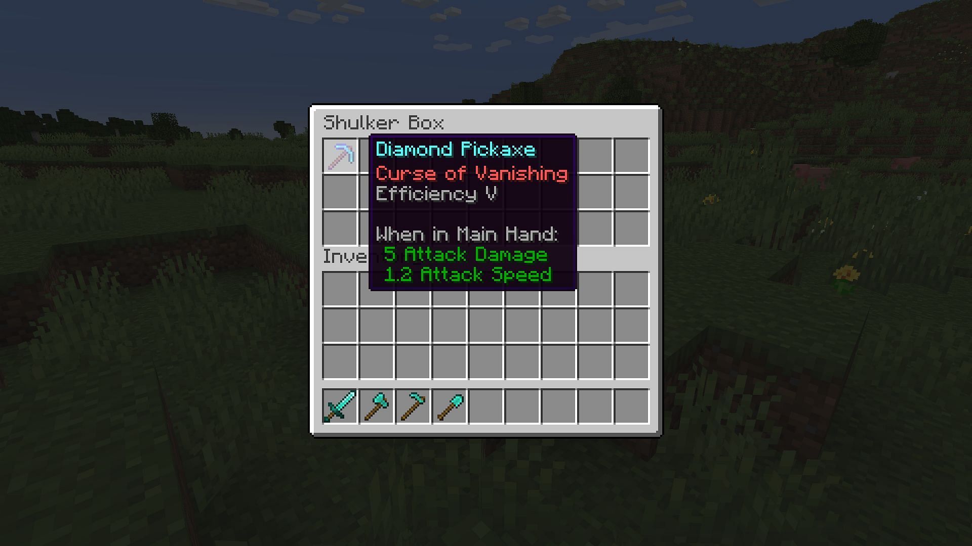 Placing a cures of vanishing tool in a shulker box to protect it (Image via Minecraft)