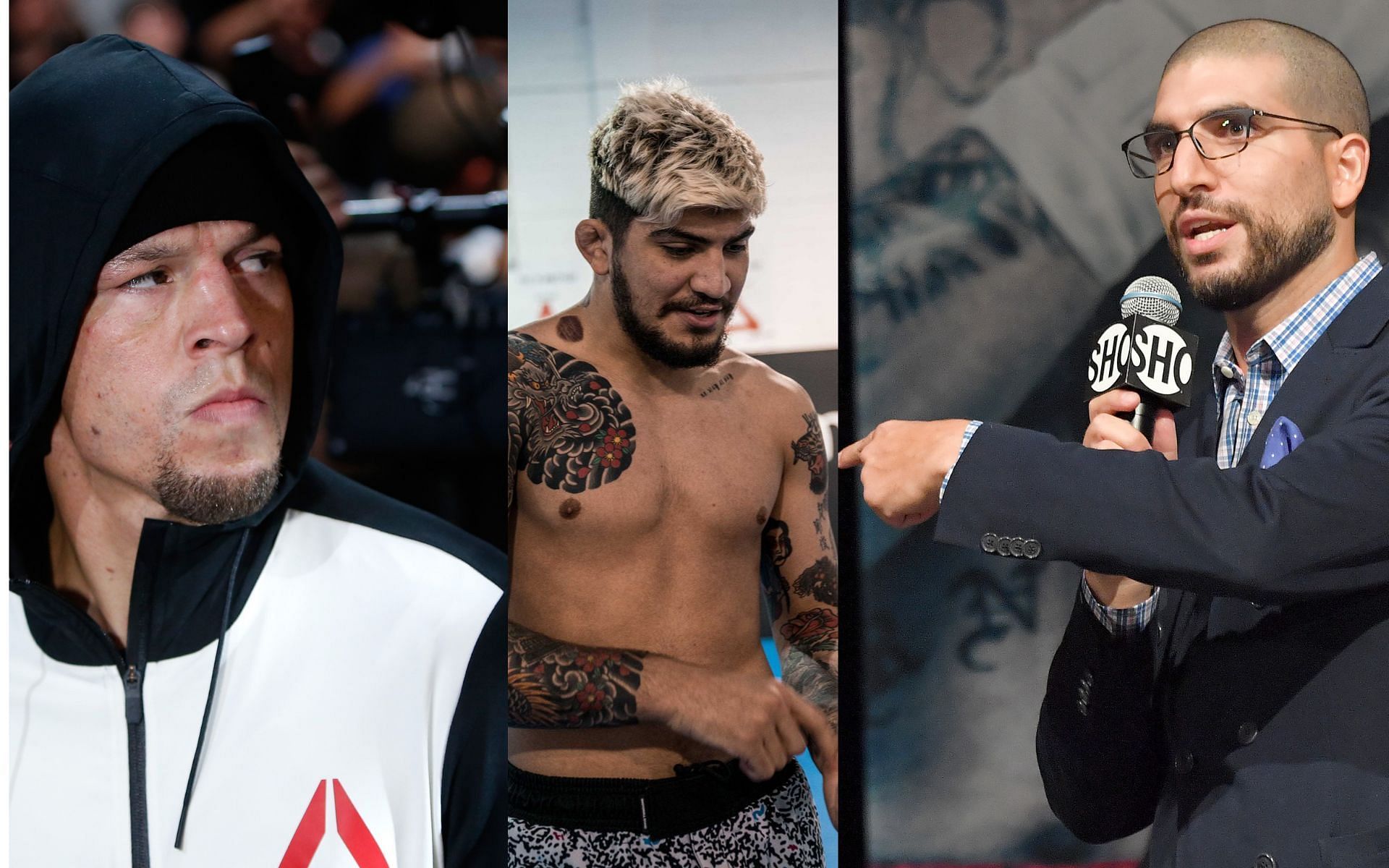 Nate Diaz (L), Dillon Danis (C), and Ariel Helwani (R) (Images courtesy: center image from @dillondanis on Twitter)