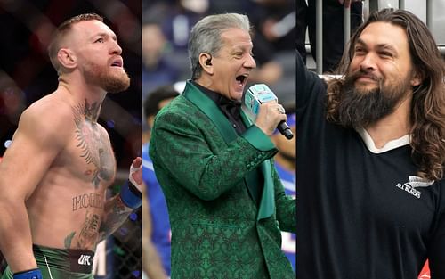 Conor McGregor (left), Bruce Buffer (center), Jason Momoa (right)