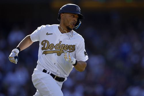 Mookie Betts runs to first after hitting an RBI single at the 92nd MLB All-Star Game presented by Mastercard.