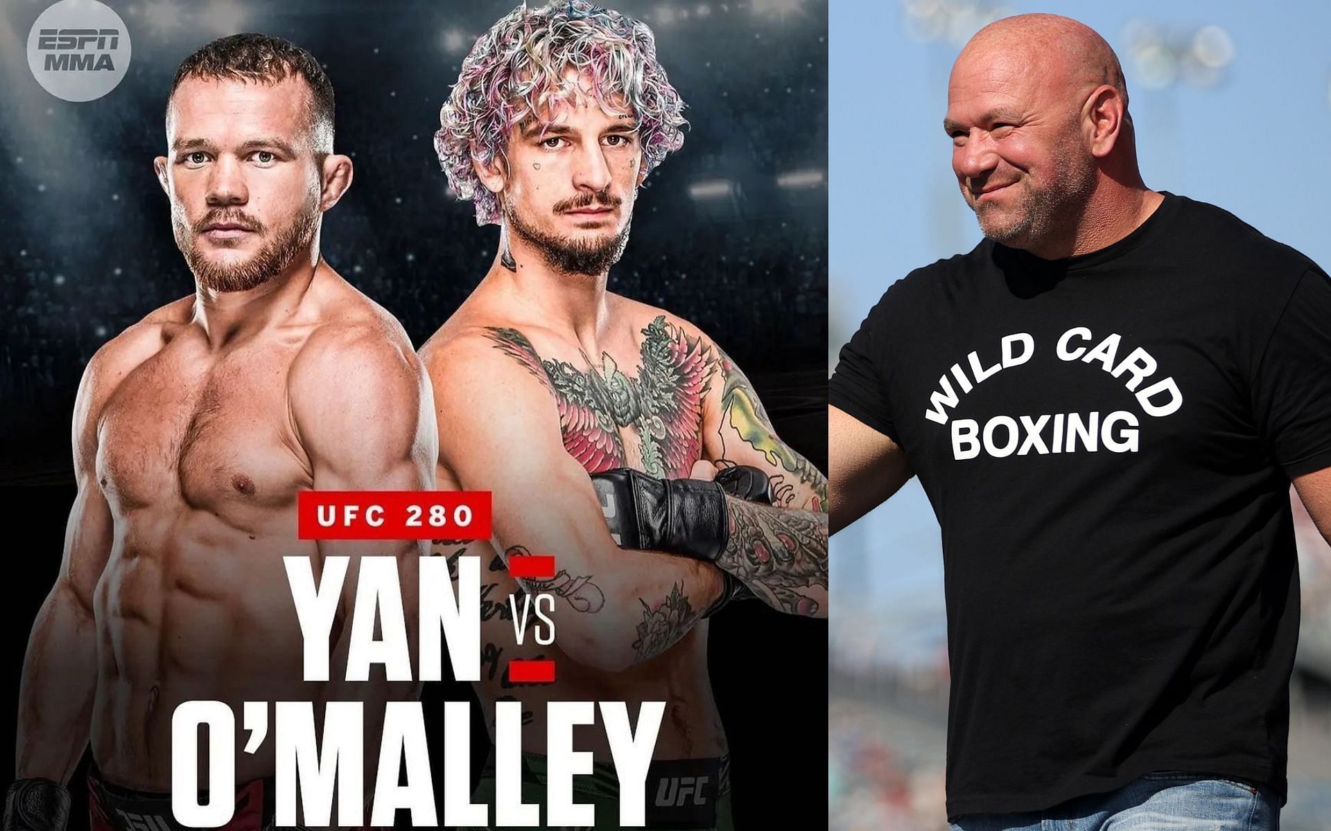 UFC 280 Yan vs. O&#039;Malley poster (left) Dana White (right) (image courtesy @sugaseanmma Instagram)