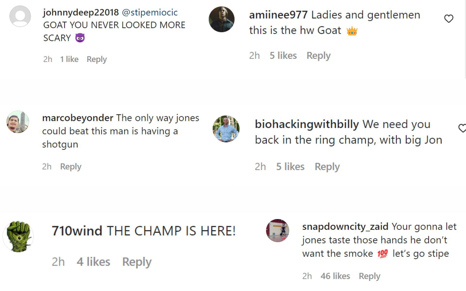 Screenshots of fan comments on Stipe Miocic&rsquo;s Instagram post