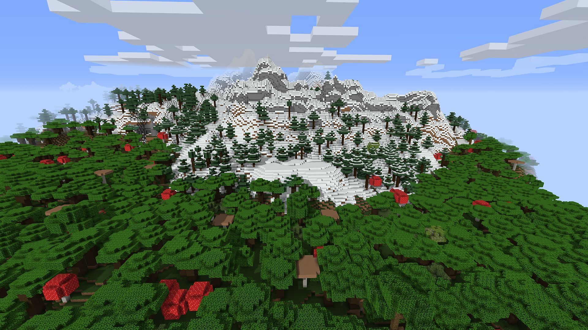 A snowy peak surrounded by a dark oak forest (Image via Minecraft)