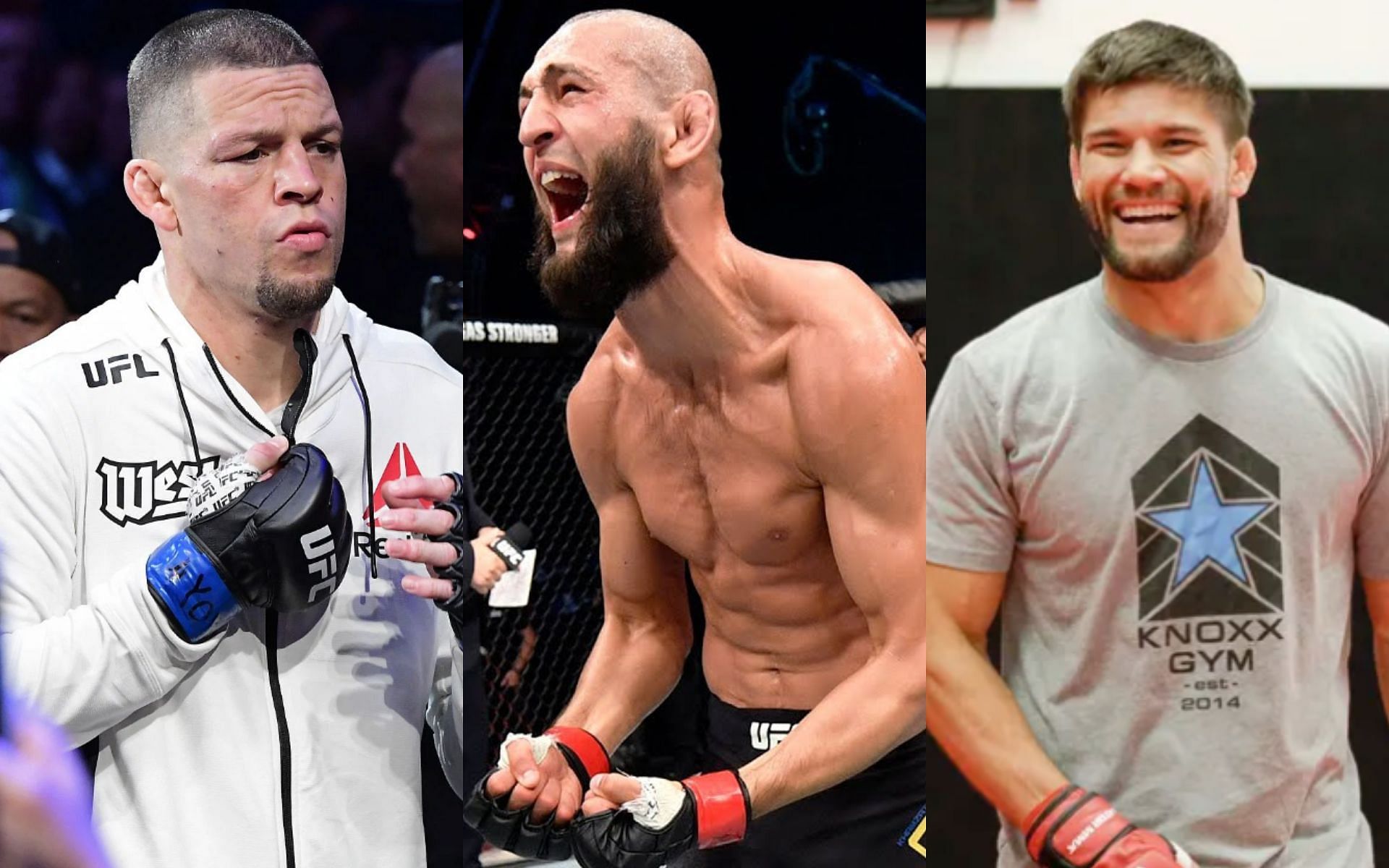 Nate Diaz (left), Khamzat Chimaev (middle. Image credit: UFC on YouTube), Josh Thomson (right. Image credit: Esther Lin, MMA Fighting)
