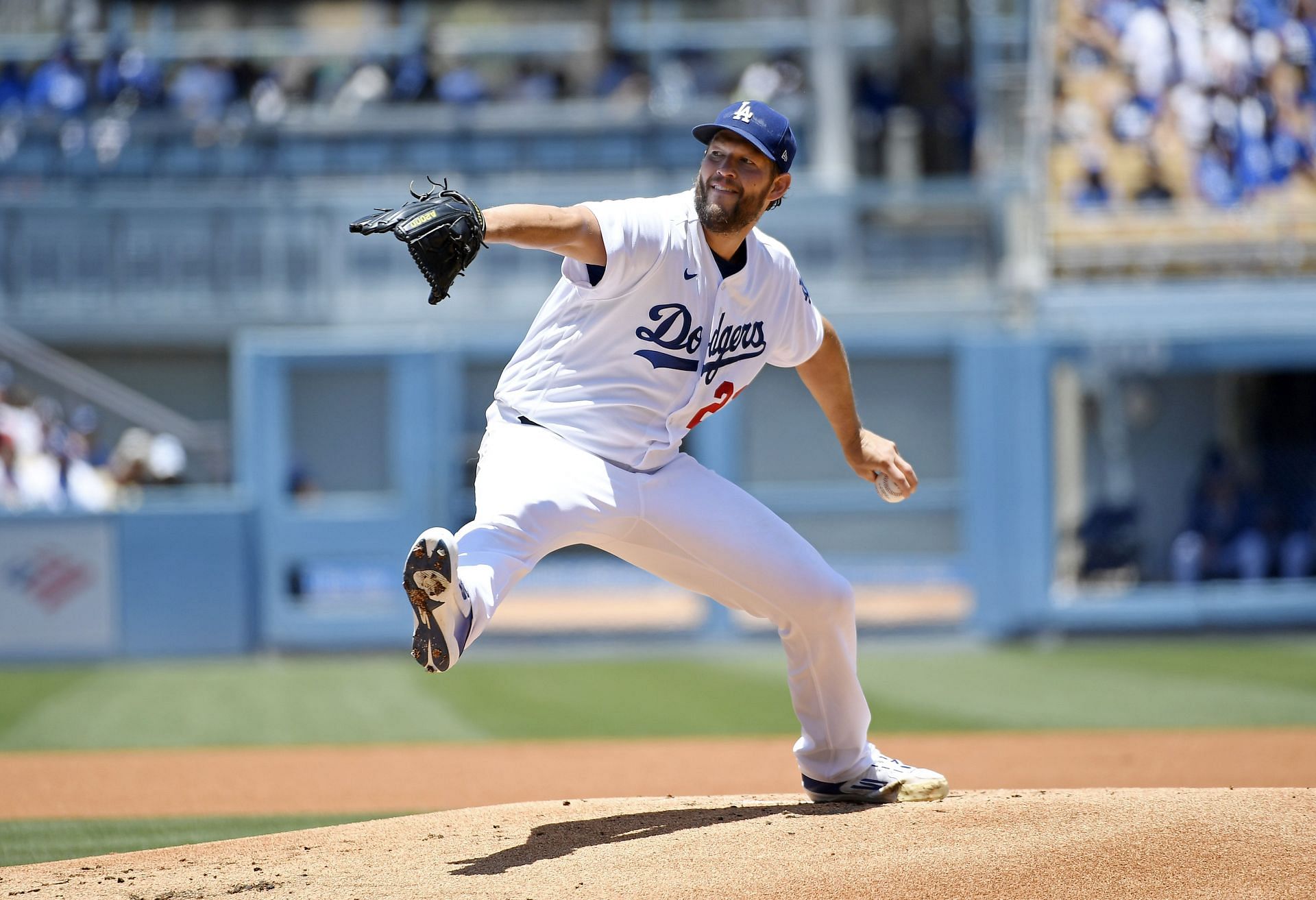Starting pitcher Clayton Kershaw of the Los Angeles Dodgers throws against the San Diego Padres