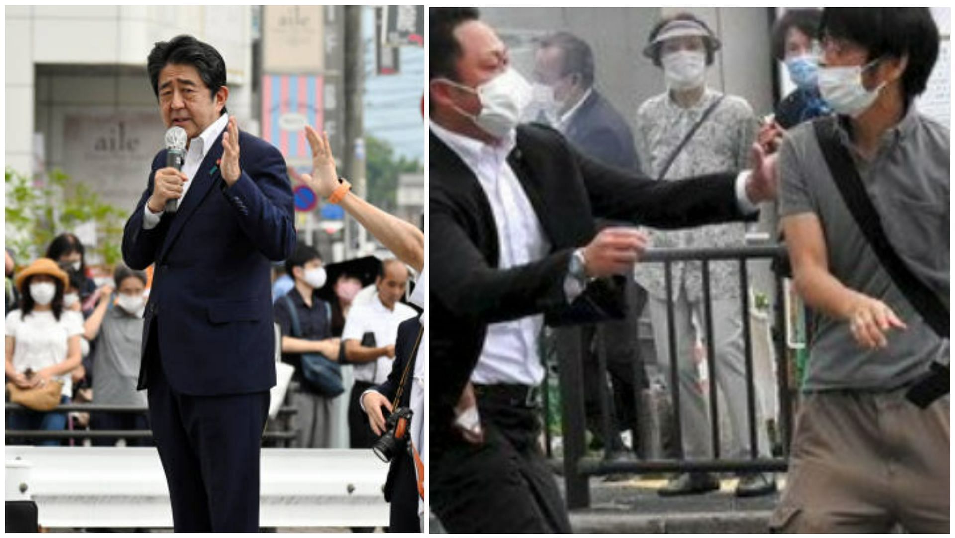 Shinzo Abe giving a speech (Left) and security guards tackling Yamagami seconds after the attack (Right) (Images via Masaki/Twitter, Getty Images)