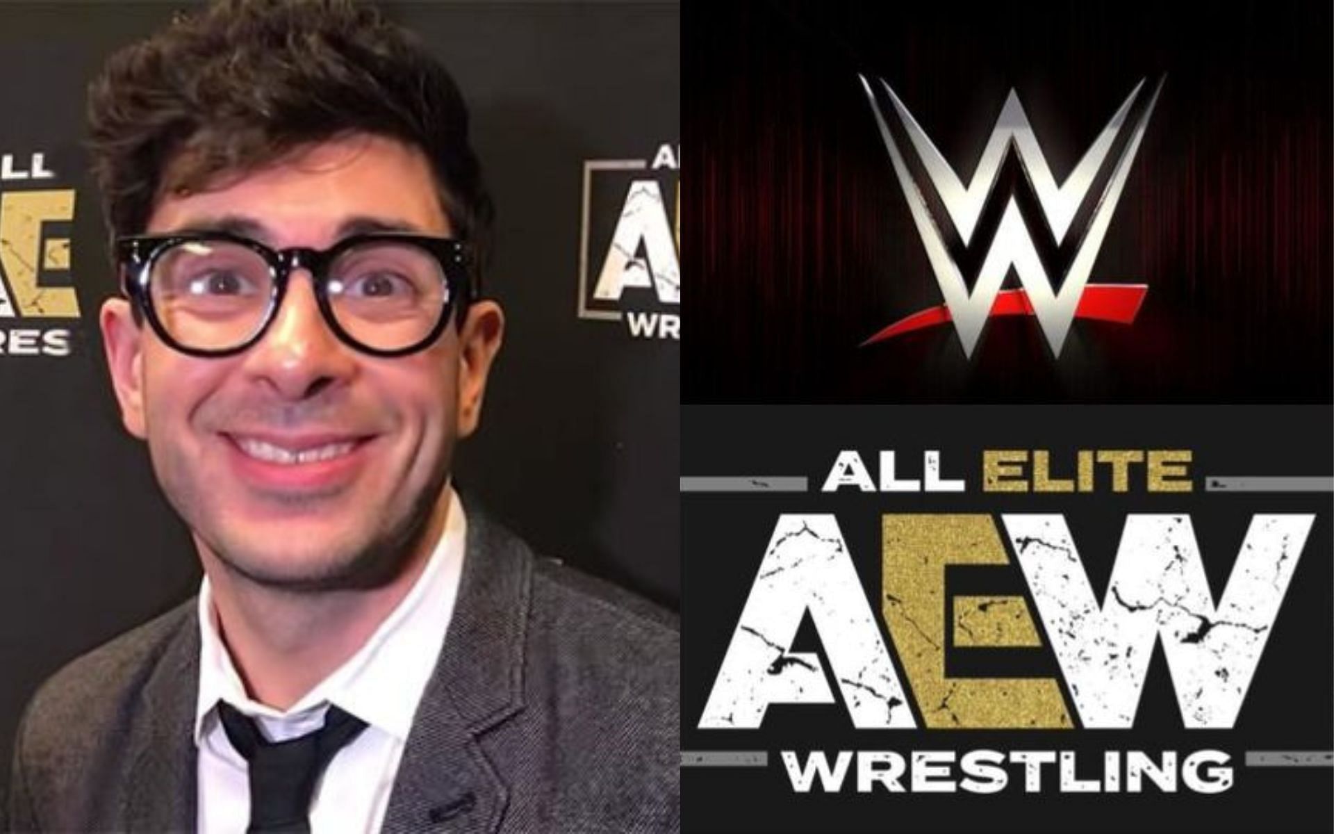 Tony Khan(L), WWE and All Elite Wrestling logo(R)