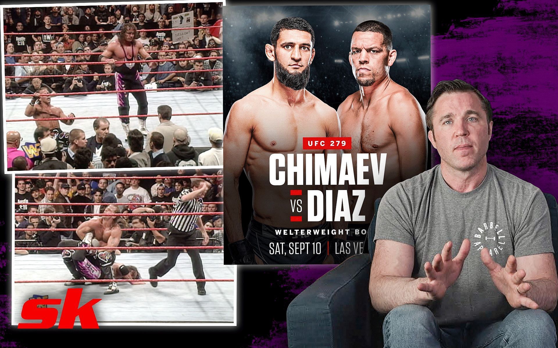 Bret Hart and Shawn Michaels (left), Khamzat Chimaev and Nate Diaz (center) &amp; Chael Sonnen (right) [Images via Chael Sonnen on YouTube, @espnmma on Instagram &amp; @BRWrestling on Twitter]