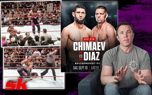 Bret Hart and Shawn Michaels (left), Khamzat Chimaev and Nate Diaz (center) & Chael Sonnen (right) [Images via Chael Sonnen on YouTube, @espnmma on Instagram & @BRWrestling on Twitter]