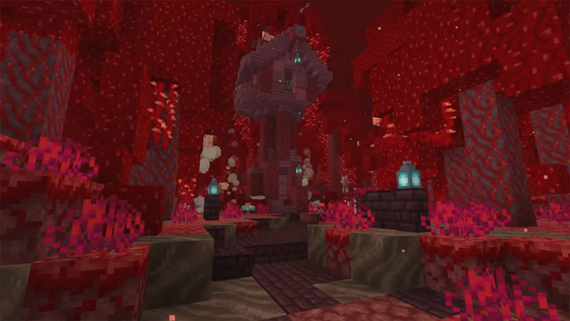 A treehouse constructed in the Nether&#039;s forest biomes (Image via TheMythicalSausage/YouTube)