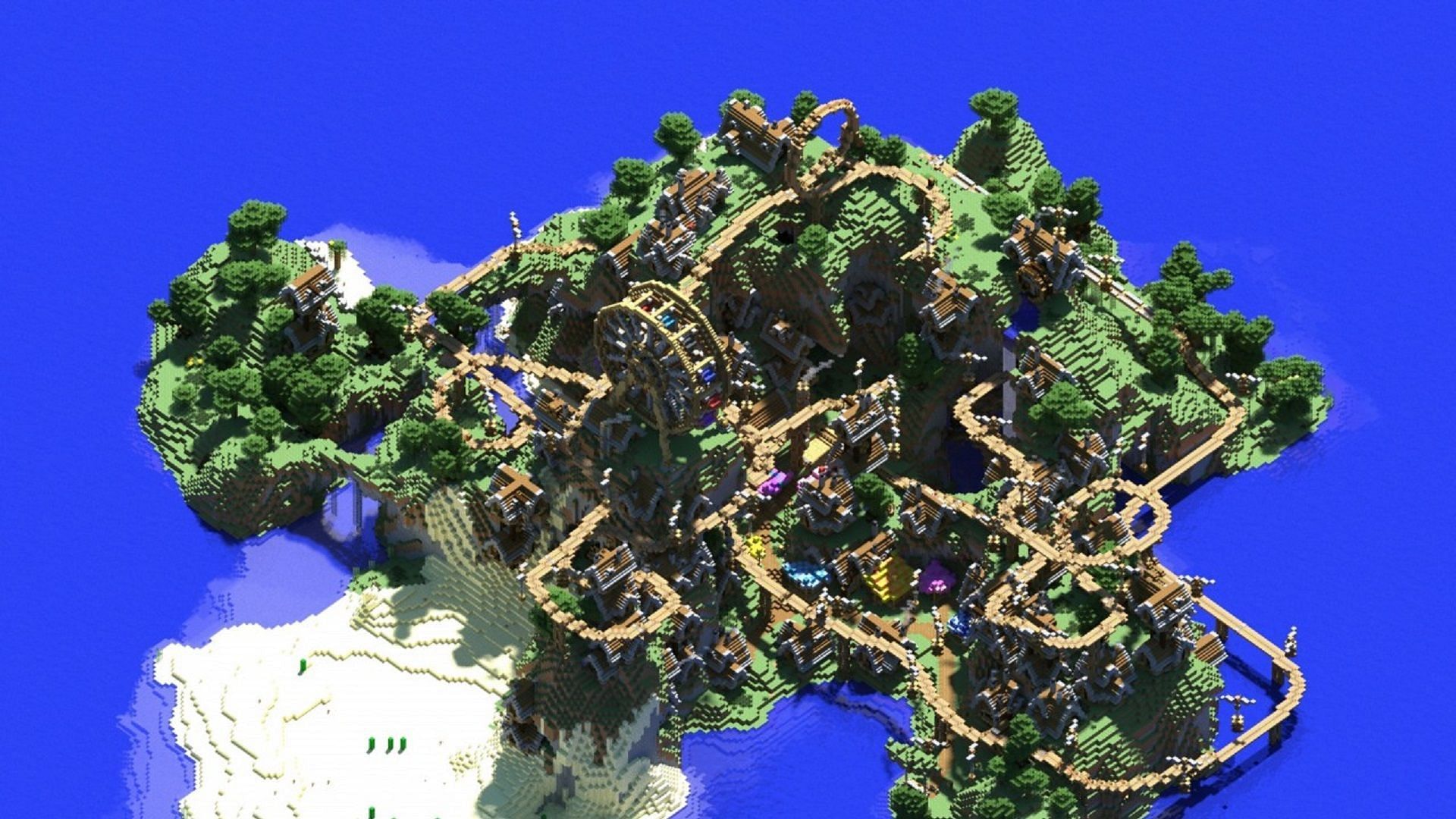 Spaghetti&#039;s rollercoaster map spans an entire island (Image via DeliciousPancake/PlanetMinecraft)