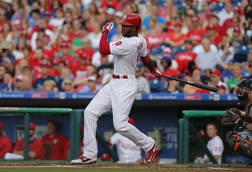 Domonic Brown bats during a Miami Marlins v Philadelphia Phillies game.