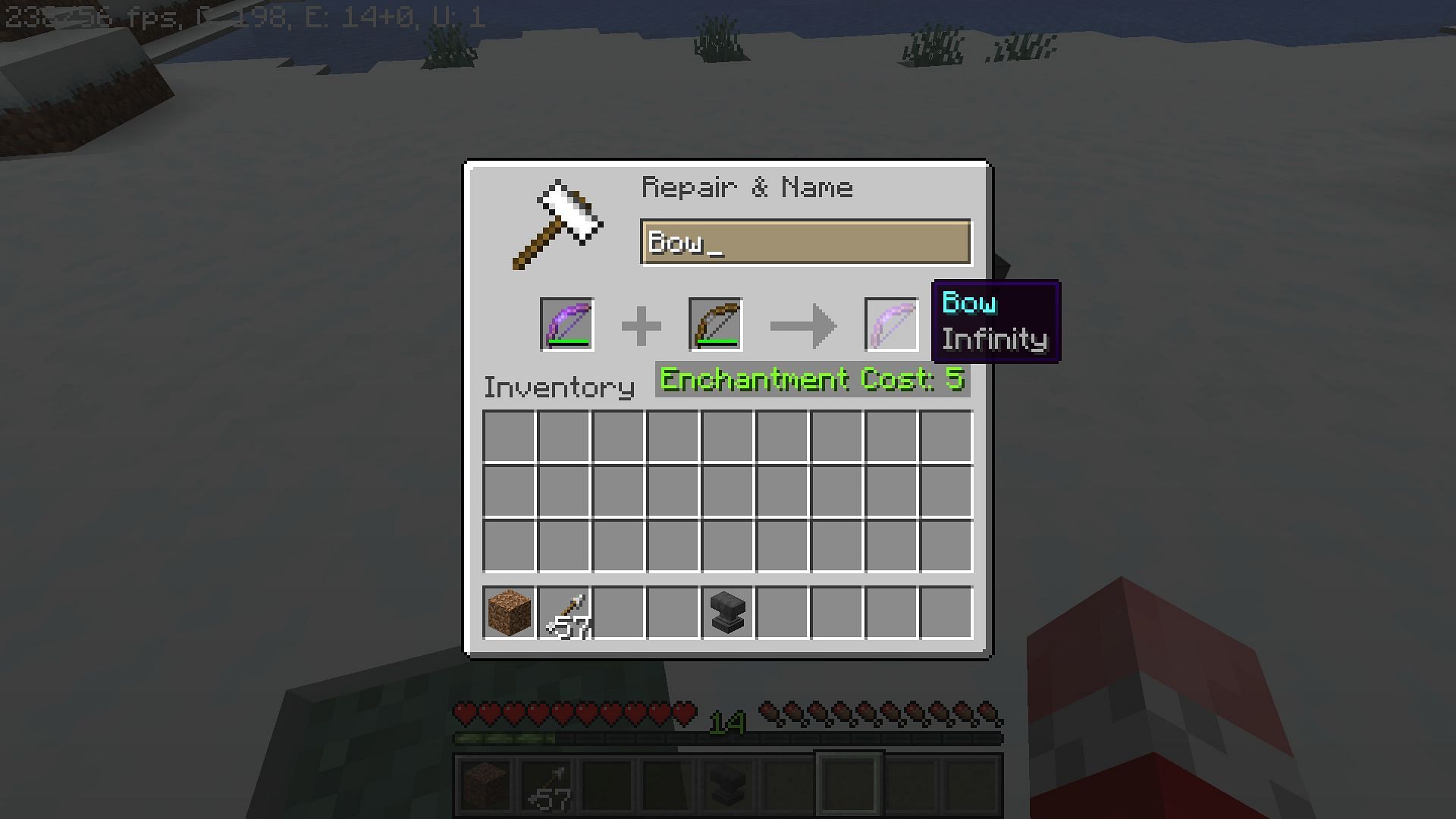 Repairing with an anvil retains enchantment (Image via Minecraft 1.19)