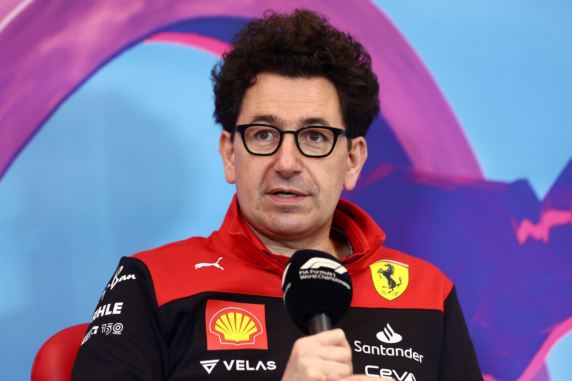 Ferrari team principal Mattia Binotto speaks to the media during the 2022 F1 Austrian GP weekend. (Photo by Clive Rose/Getty Images)