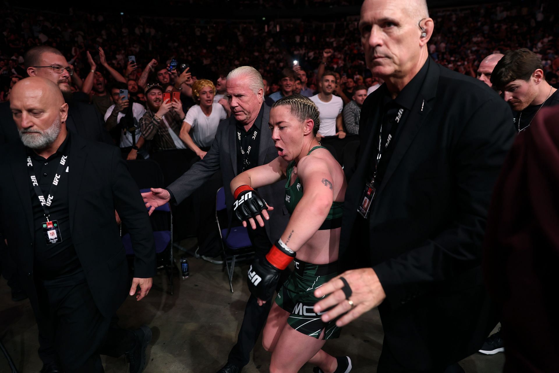 Molly McCann celebrating her victory at UFC: Blaydes vs. Aspinall
