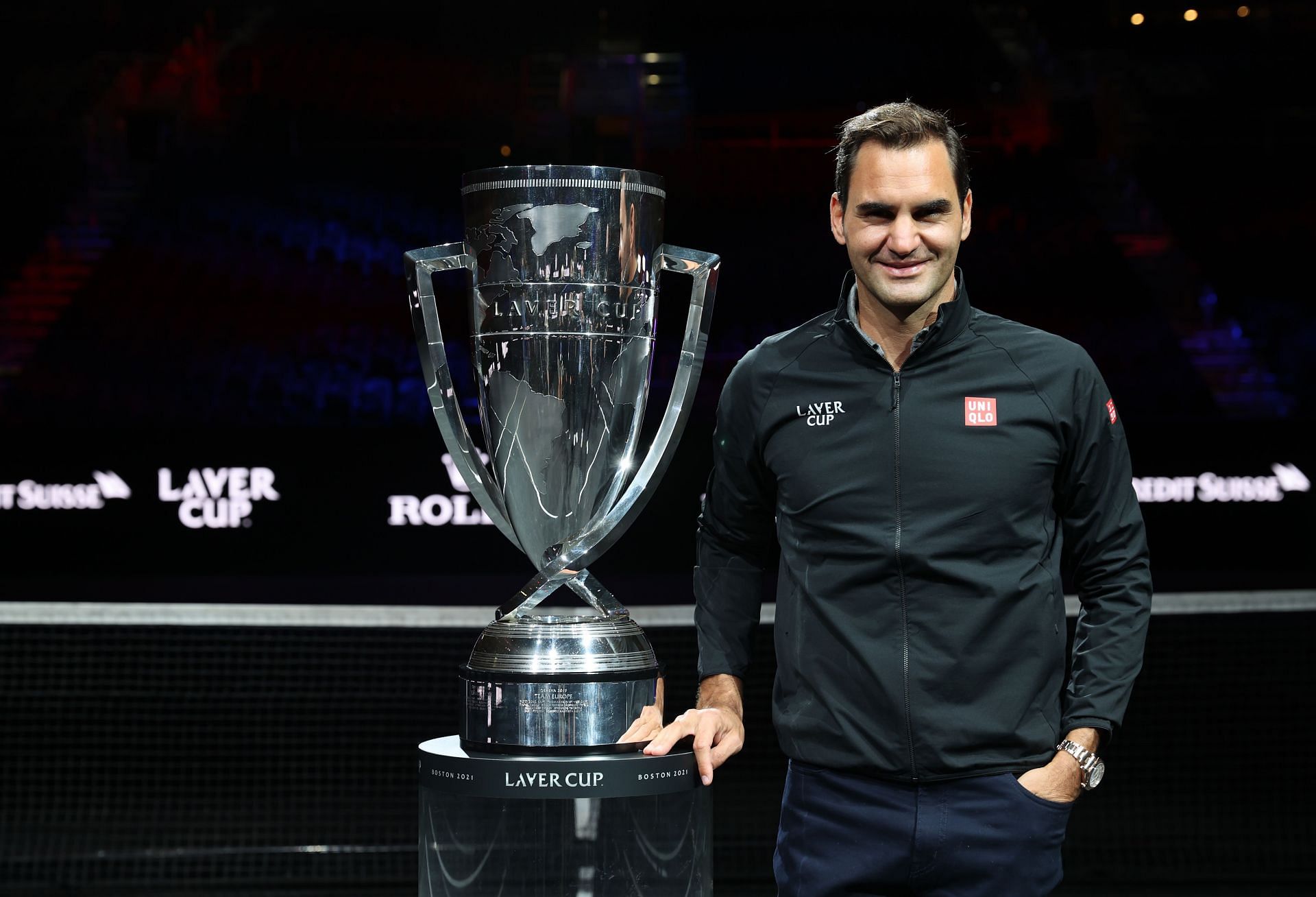 Roger Federer poses for a photograph with the 2021 Laver Cup trophy