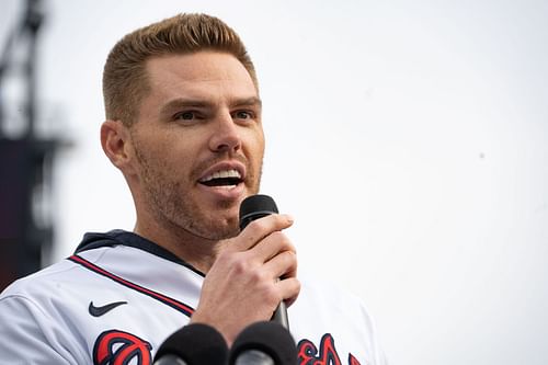 Freddie Freeman speaks at the Atlanta Braves World Series Parade.