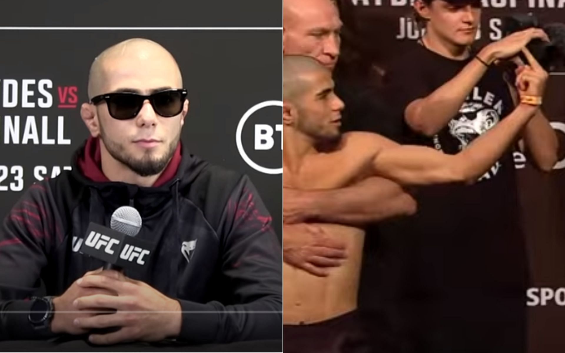 Muhammad Mokaev flipped off Charles Johnson at the UFC ceremonial weigh ins [Image credits: UFC and MMA Junkie&#039;s YouTube channel]