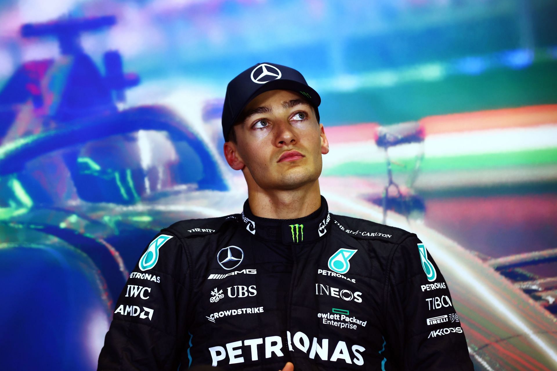 Mercedes driver George Russell speaks to the media after qualifying for the 2022 F1 Hungarian GP. (Photo by Dan Istitene/Getty Images)