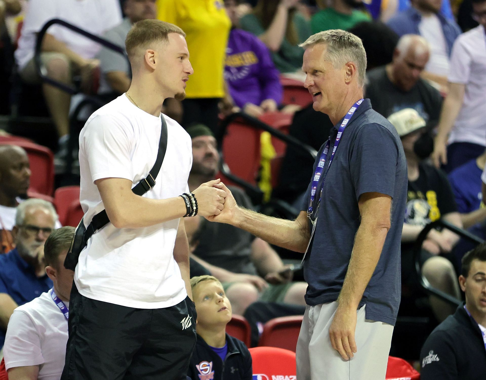 Donte DiVincenzo and Steve Kerr of the Golden State Warriors