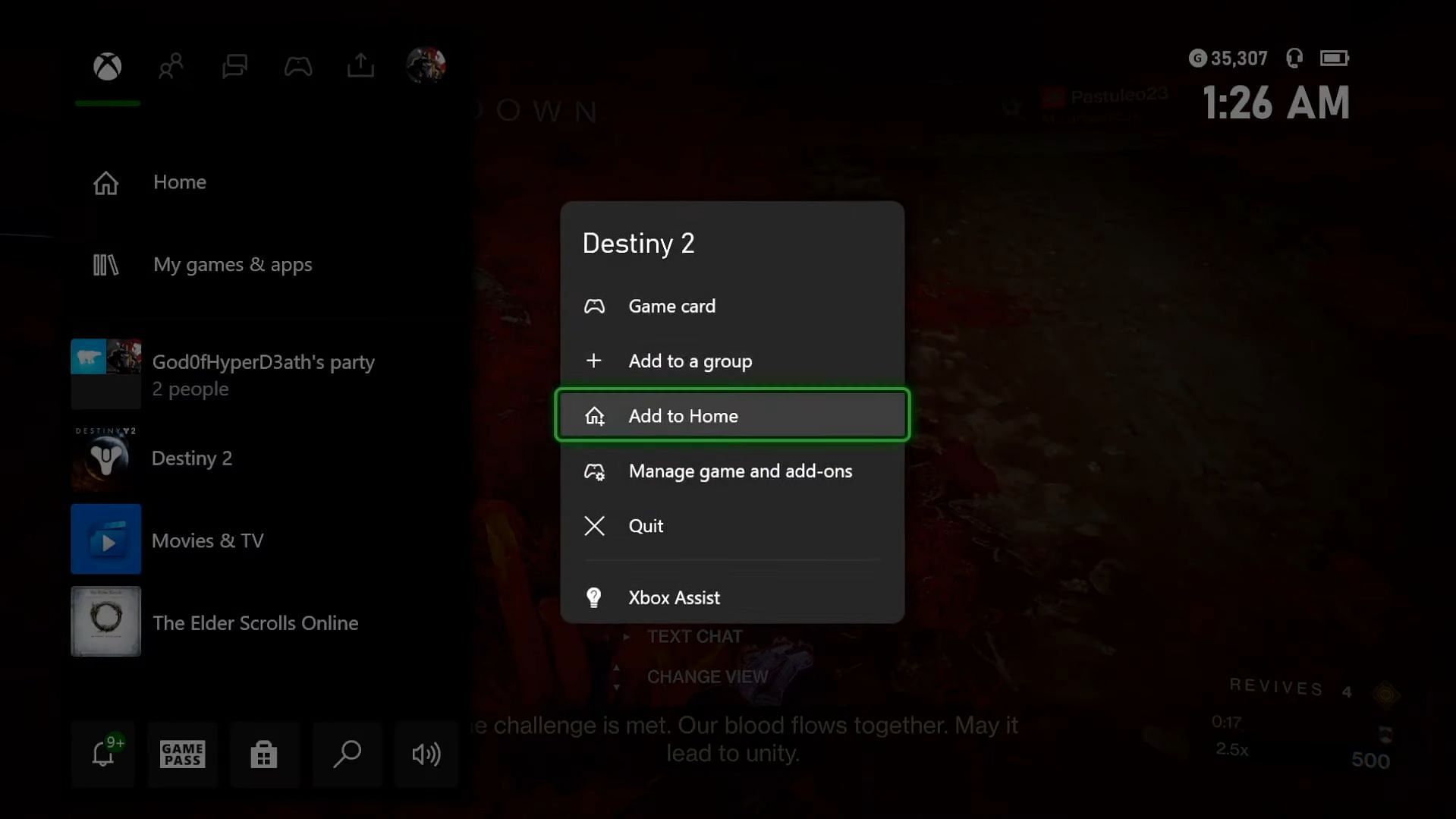 Destiny 2 menu on consoles for exiting the game (Image via Cheese Forever)