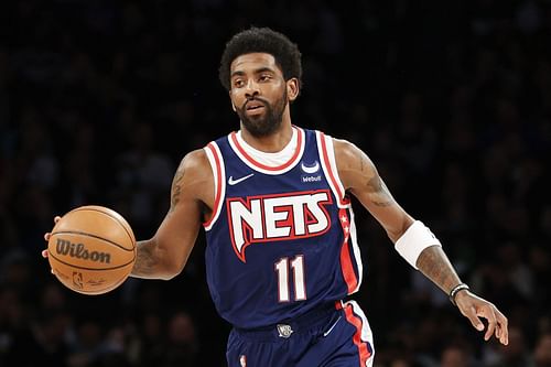 Kyrie Irving #11 of the Brooklyn Nets dribbles during the first half against the Cleveland Cavaliers at Barclays Center on April 08, 2022 in the Brooklyn borough of New York City