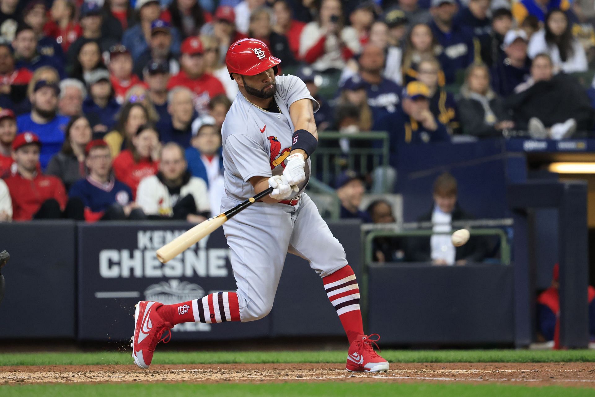 Albert Pujols of the St. Louis Cardinals bats in a game against the Milwaukee Brewers