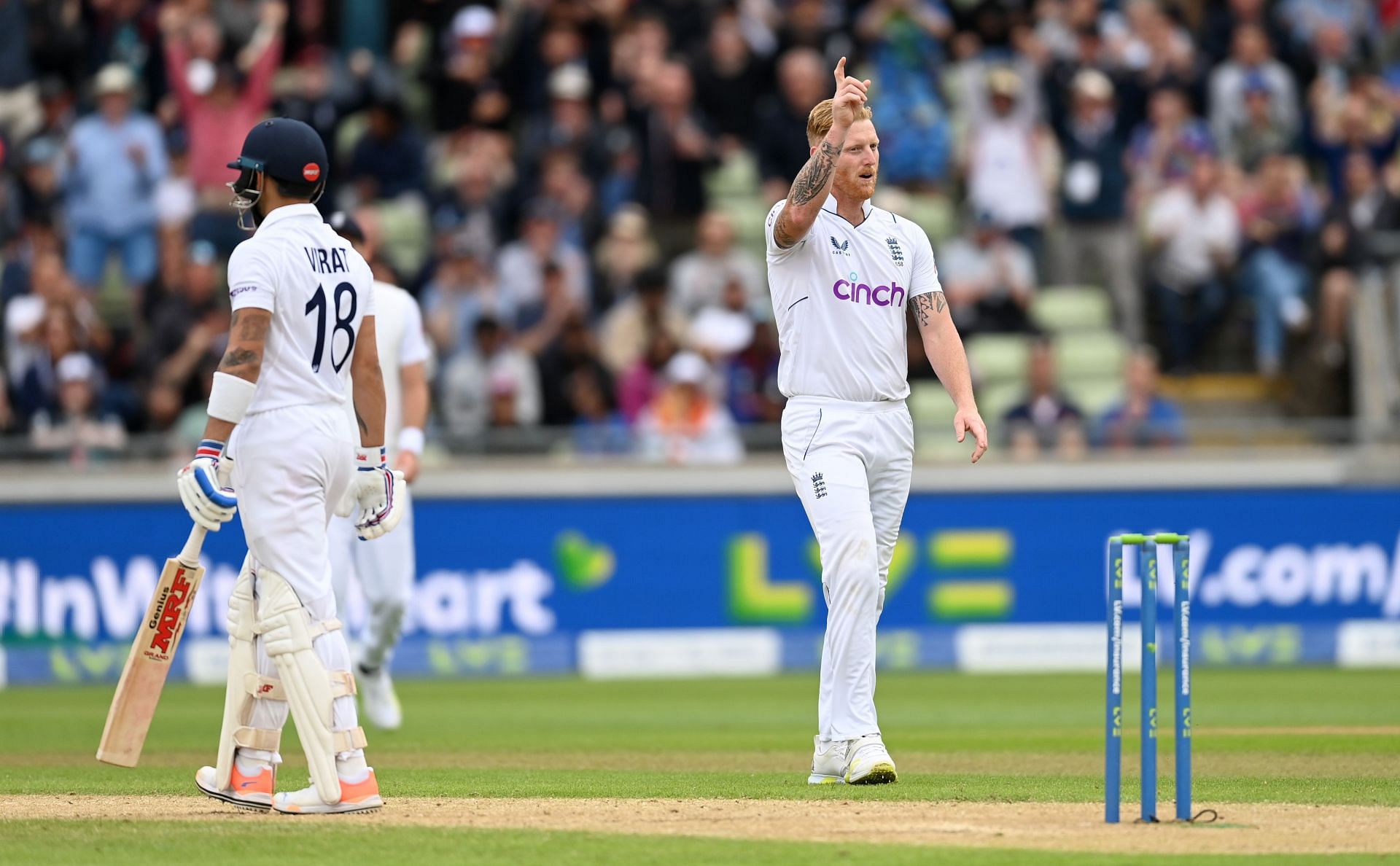 England captain Ben Stokes celebrates dismissing Virat Kohli. Pic: Getty Images