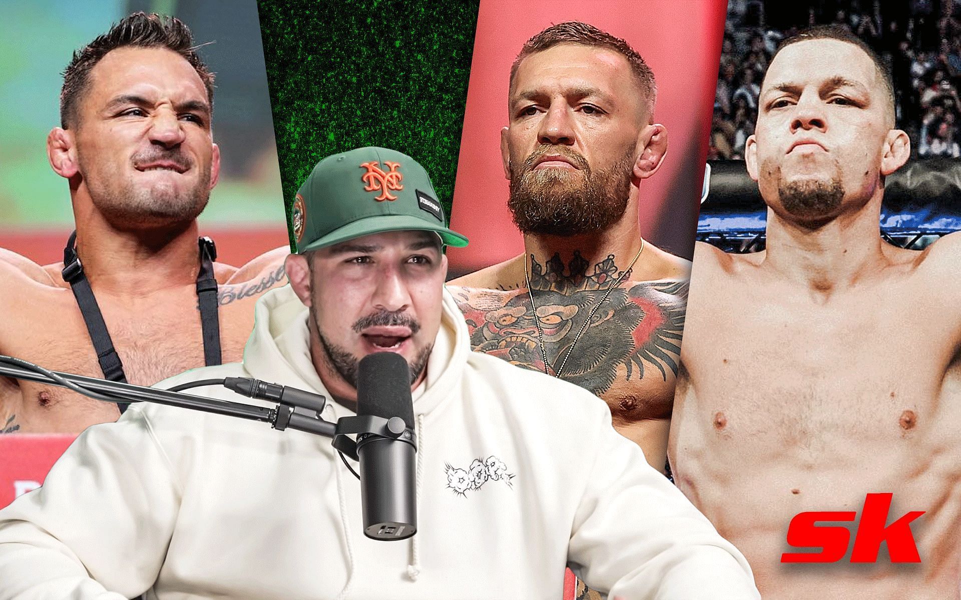 Michael Chandler (far left), Brendan Schaub (bottom left), Conor McGregor (right), Nate Diaz (far right) [Images courtesy of Thiccc Boy on YouTube and @mikechandlermma &amp; @natediaz209 on Instagram]