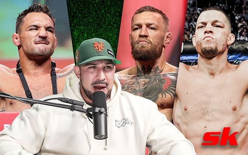 Michael Chandler (far left), Brendan Schaub (bottom left), Conor McGregor (right), Nate Diaz (far right) [Images courtesy of Thiccc Boy on YouTube and @mikechandlermma & @natediaz209 on Instagram]