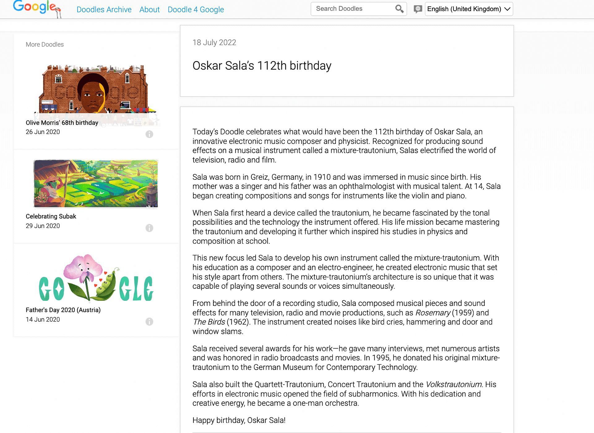 Google Doodle honors Oskar Sala on his 112th birthday; tweets Happy Birthday! (Image via Google Doodles)