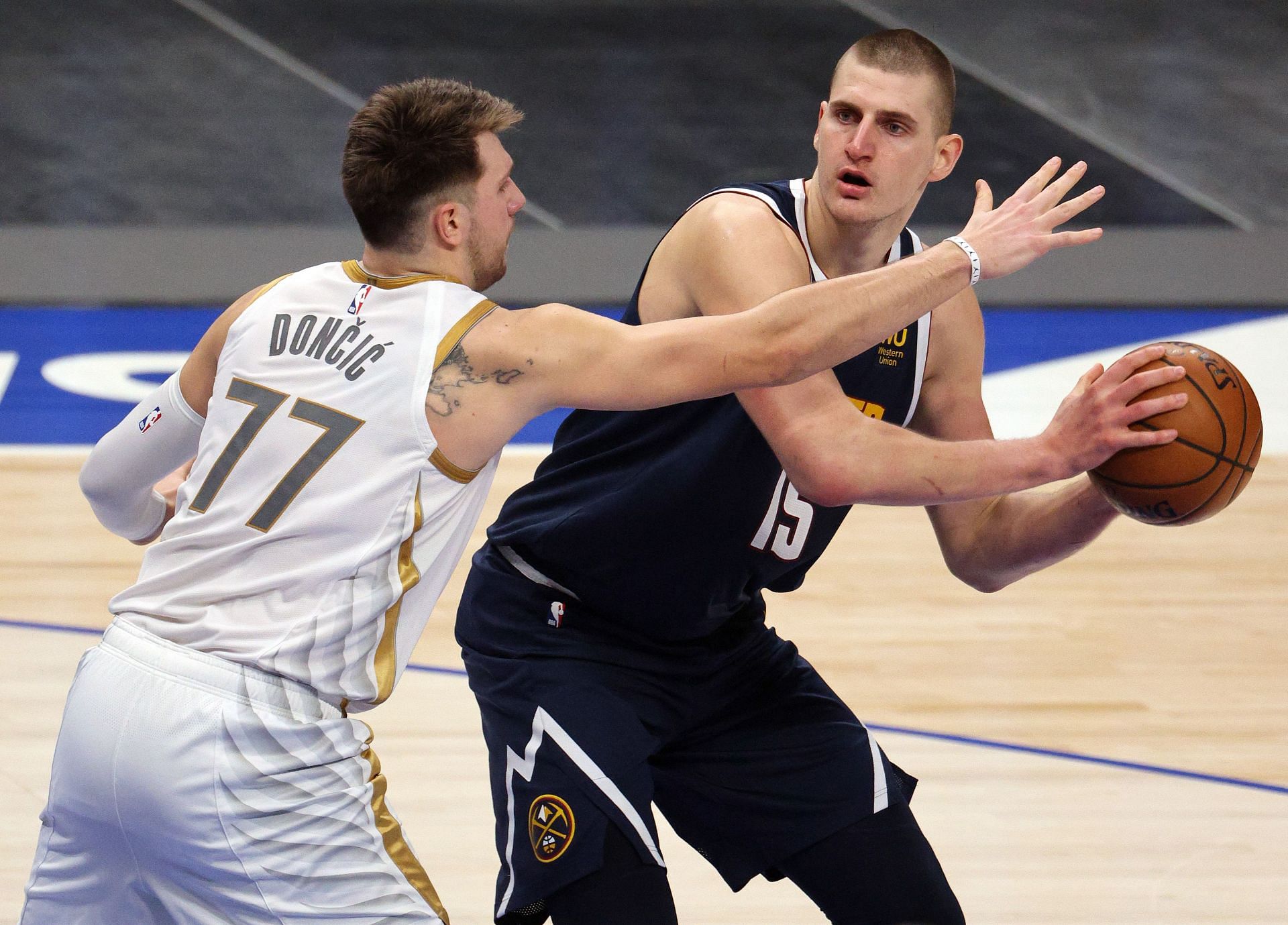 Luka Doncic of the Dallas Mavericks and Nikola Jokic of the Denver Nuggets