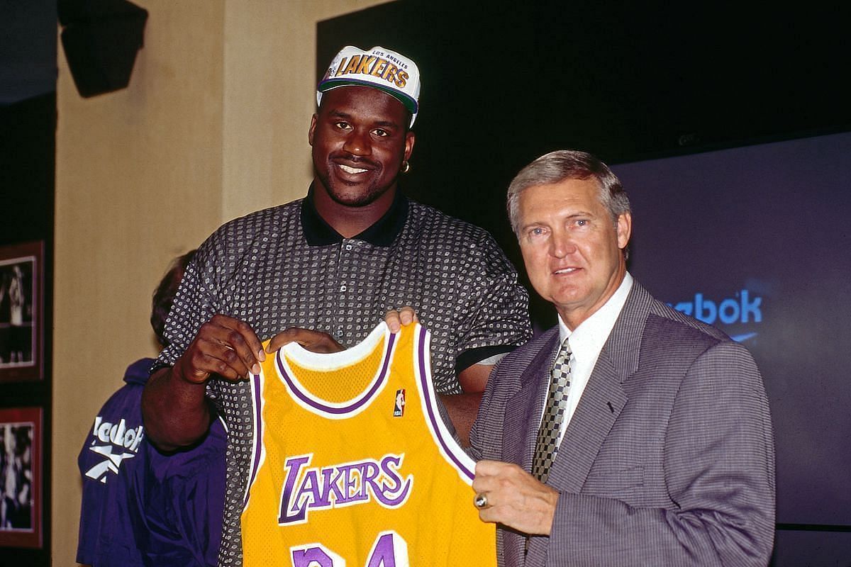LA Lakers legends Shaquille O&#039;Neal, left, and Jerry West