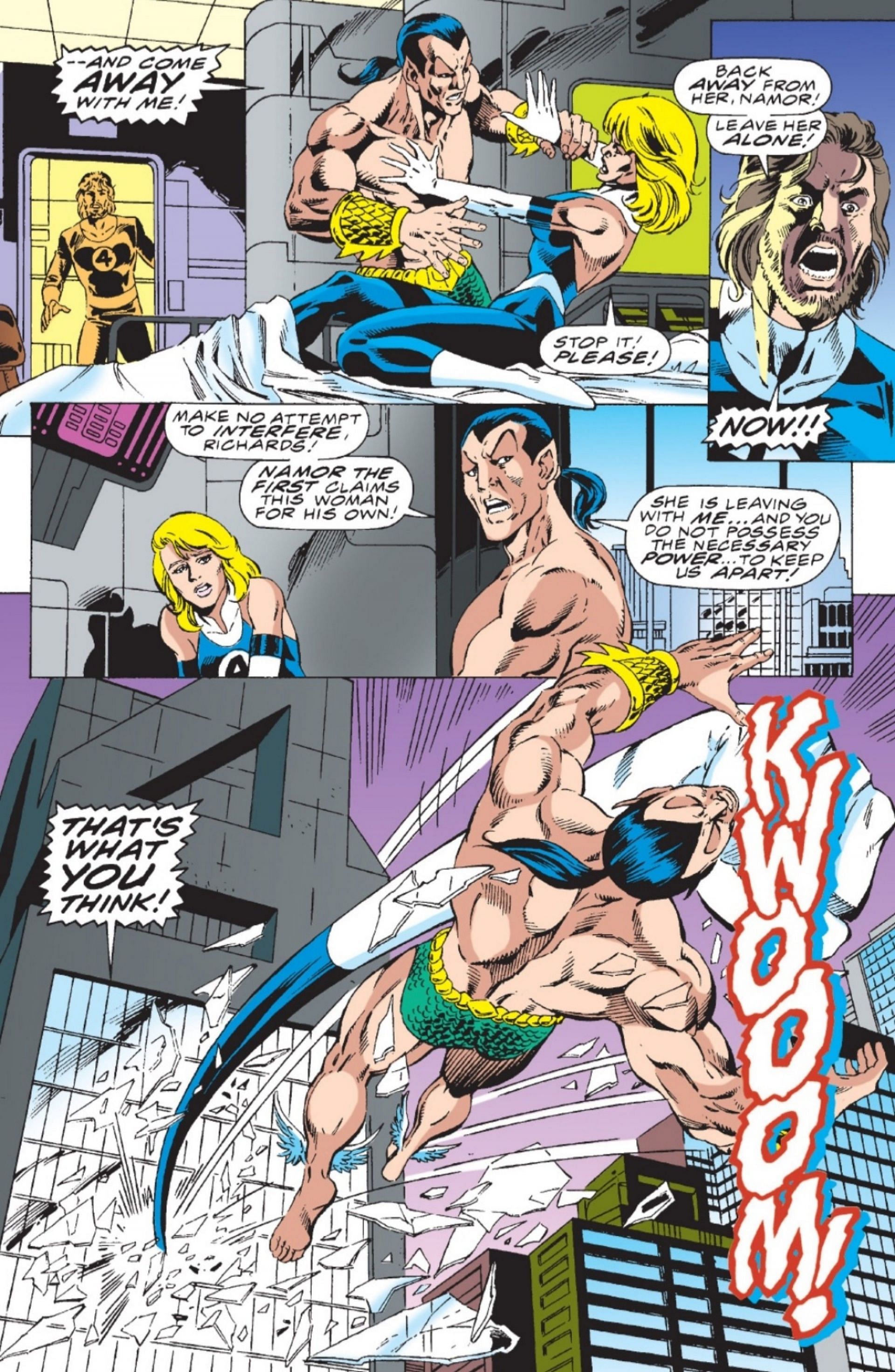 Reed Richards punches Namor out of a window (Image via Marvel Comics)