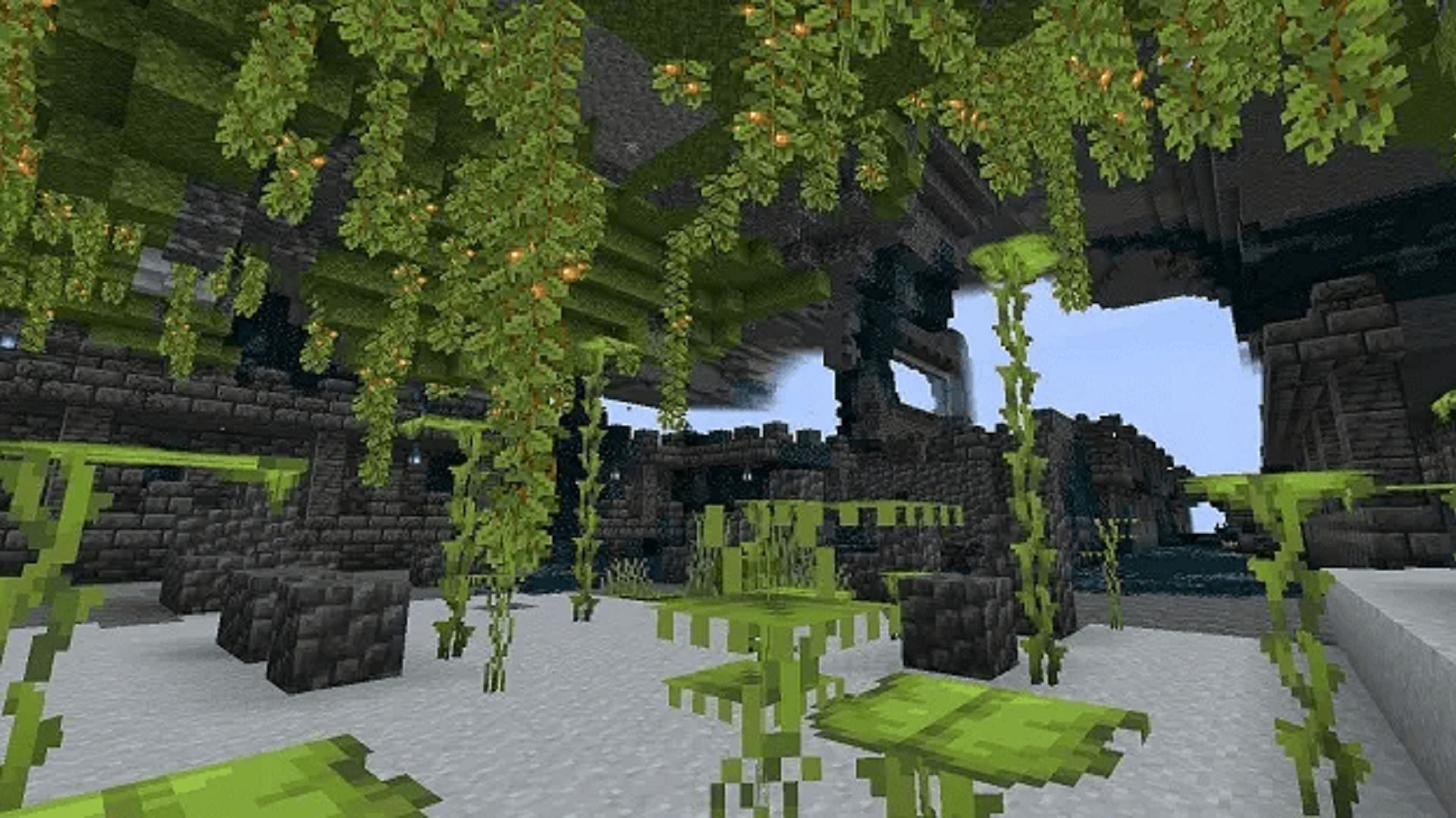 This ancient city structure is overgrown with lush cave plant life (Image via Mojang)